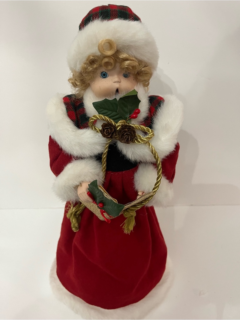 Vintage Porcelain Face Christmas Caroler Doll Red Plaid Buffalo Check Holiday
